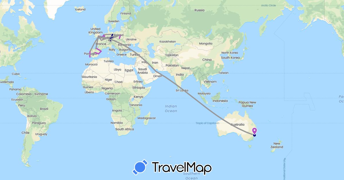 TravelMap itinerary: driving, plane, train in United Arab Emirates, Australia, Belgium, Germany, Spain, France, United Kingdom, Netherlands, Poland, Portugal (Asia, Europe, Oceania)